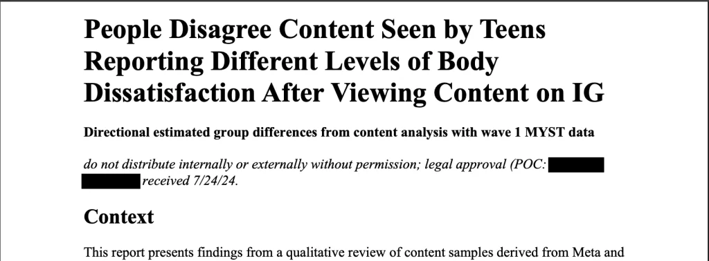 Document with headline "'People Disagree' Content Seen by Teens Reporting Different Levels of Body Dissatisfaction After Viewing Content on IG"