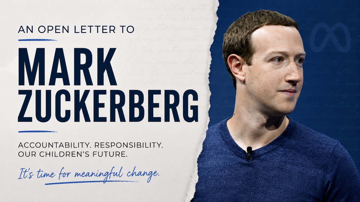 A photo of Mark Zuckerberg, CEO of Meta, looking to the right. A torn-paper effect is in the center. On the left, words read "An open letter to Mark Zuckerberg. Accountability, responsibility, our children's future. It's time for meaningful change."