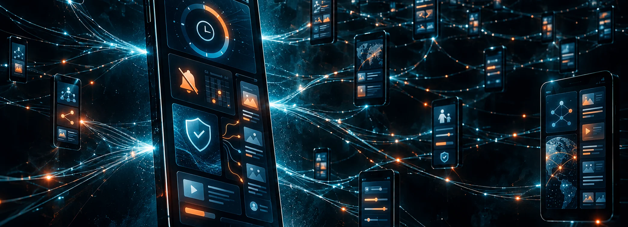 A smartphone displays screen-time, notification, and privacy controls, with glowing blue and orange lines connecting it to other screens.
